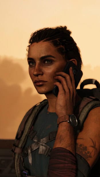 A female character from Far Cry 6 is talking on a phone with a serious expression, 4K Phone Wallpaper