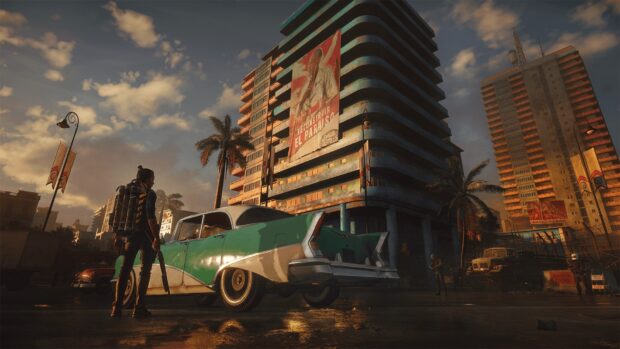 A character stands near a vintage car in a city from Far Cry 6 wallpapers, HD Desktop Wallpaper