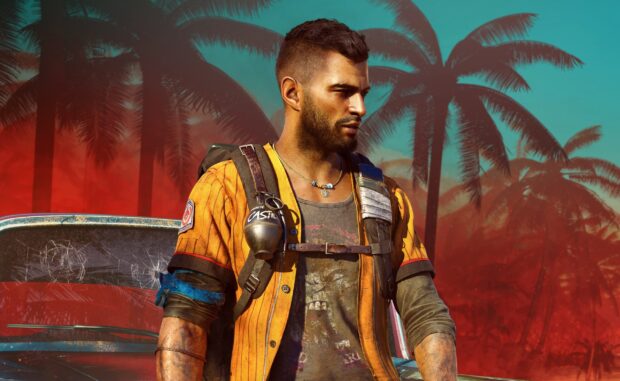 A detailed portrait of a Far Cry 6 character standing with palm trees and a car in the background, 2K Desktop Wallpaper