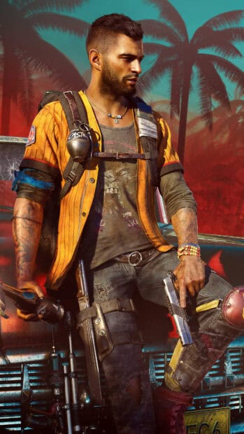 The Far Cry 6 character stands with a weapon and grenade against a tropical background, 4K Mobile Wallpaper