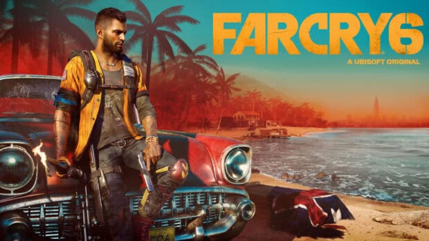 A man holding a gun stands by a classic car on the beach in Far Cry 6 game setting, HD Desktop Wallpaper