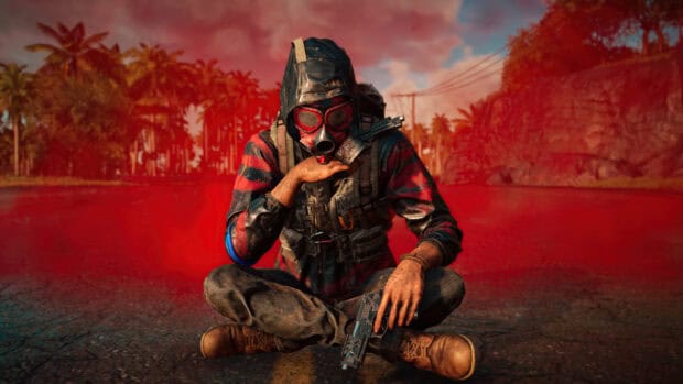 A Far Cry 6 character is sitting cross legged with a gas mask and weapon amid red smoke, 4K Desktop Wallpaper
