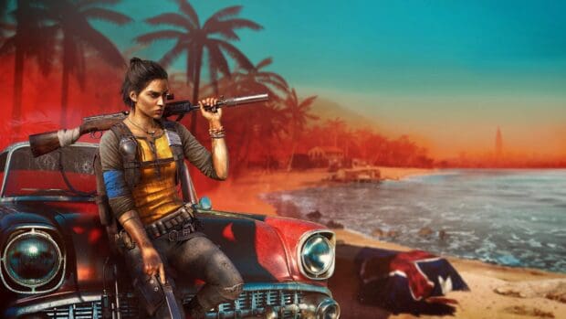 A Far Cry 6 character leans against a vintage car holding a rifle on a tropical beach, HD Desktop Wallpaper