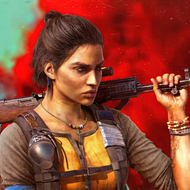 A determined Far Cry 6 character holding a rifle against a vibrant red background, HD Desktop Wallpaper