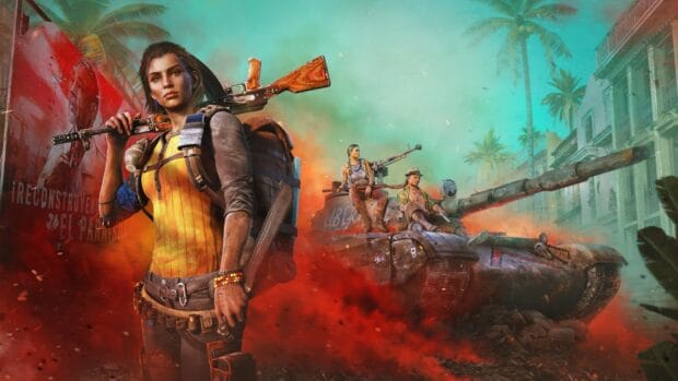 A woman stands with a rifle beside a tank surrounded by red smoke in Far Cry 6, HD Desktop Wallpaper
