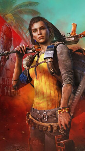 A determined character from Far Cry 6 stands ready with a weapon in a vibrant scene, 2K Phone Wallpaper