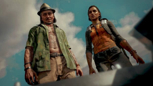 Two main characters from Far Cry 6 stand under a cloudy sky looking down, HD Desktop Wallpaper
