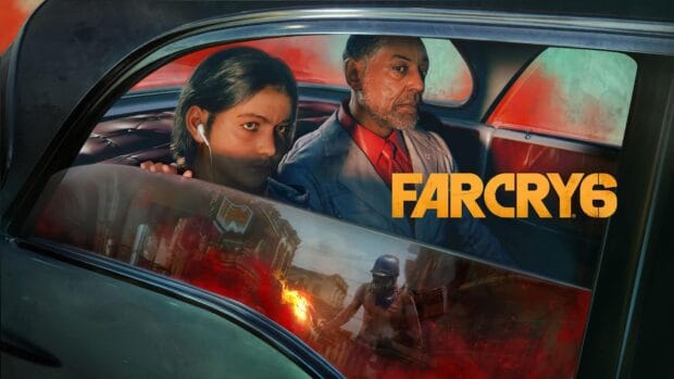 Two characters from Far Cry 6 sit in a car with a fiery scene outside and the game logo, HD Desktop Wallpaper