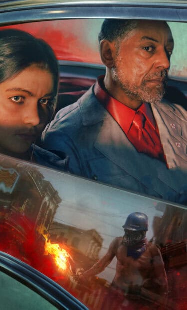 The image features key Far Cry 6 characters with an intense backdrop of a fiery conflict, HD Phone Wallpaper