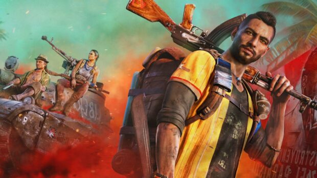 The image shows characters from Far Cry 6 in a dynamic setting with weapons and intense background, HD Desktop Wallpaper