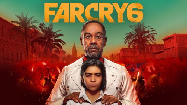 A serious man stands behind a determined young boy with a fiery protest scene in the background in Far Cry 6, 4K Desktop Wallpaper
