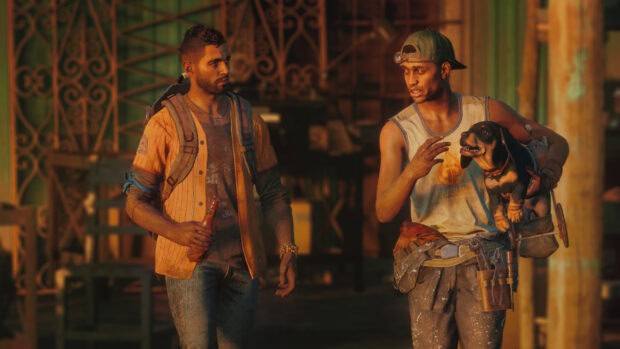 Two Far Cry 6 characters are having a conversation with a dog in a workshop setting, 4K Desktop Wallpaper