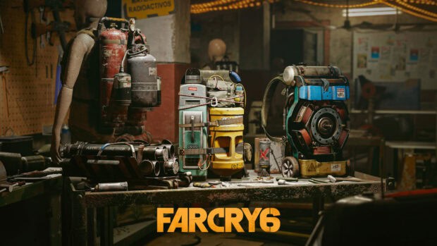 The image shows various Far Cry 6 equipment and gadgets carefully arranged on a workbench in a workshop, HD Desktop Wallpaper