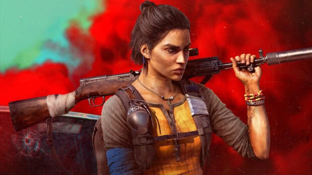 A focused Far Cry 6 character holding a rifle over her shoulder in front of a colorful background, 4K Desktop Wallpaper