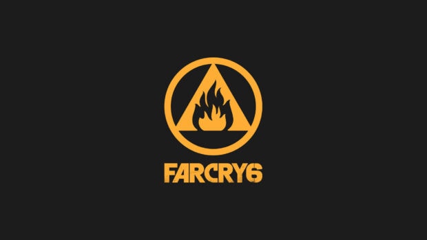 The Far Cry 6 logo features a flame inside a triangle on a dark background, HD Desktop Wallpaper