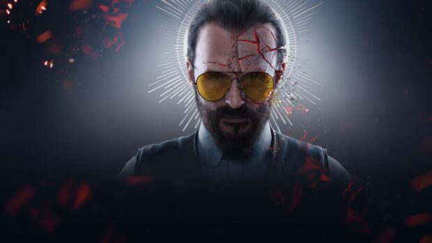 A close up of the main antagonist wearing yellow glasses with cracked effects in Far Cry 6, 4K Desktop Wallpaper