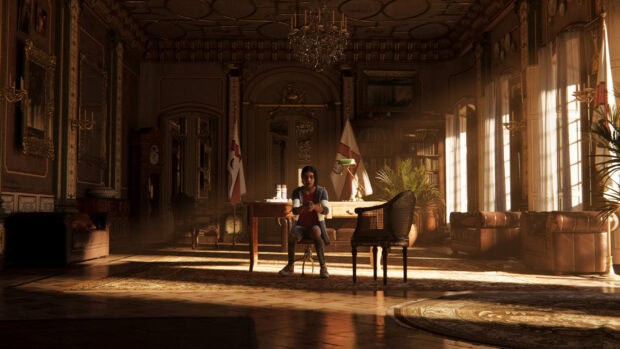 A young woman holds a gun while sitting in a luxurious room from Far Cry 6, 2K Desktop Wallpaper