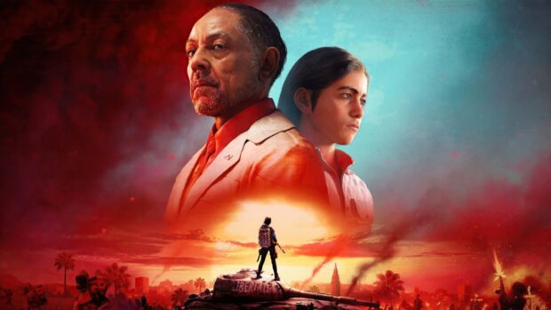 The image shows two main characters and a figure standing on a tank during a sunset in Far Cry 6, HD Desktop Wallpaper