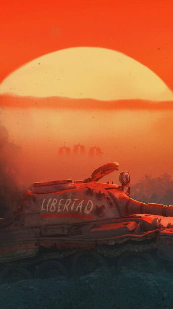 A tank with the word Libertad is shown at sunset in Far Cry 6, HD Mobile Wallpaper