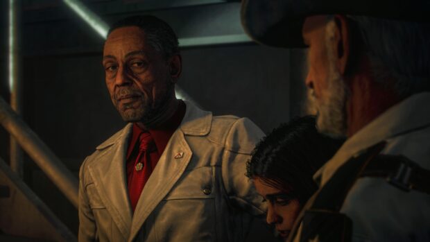 The image captures a tense confrontation with key characters from Far Cry 6 in a dramatic moment, HD Desktop Wallpaper