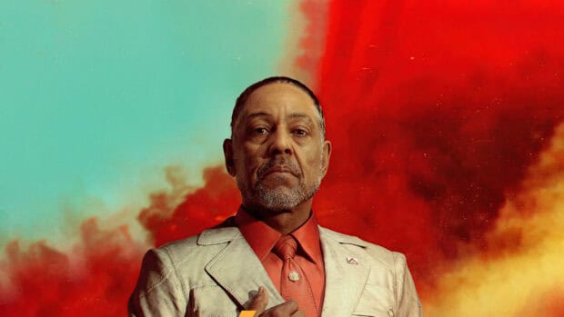 The image features a serious man in a white suit with a red shirt standing in front of colorful smoke, 2K Desktop Wallpaper
