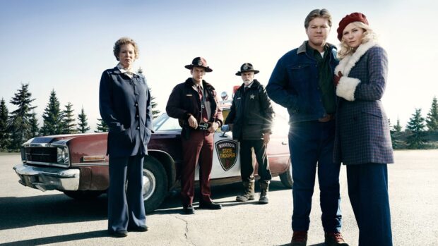 The Fargo cast poses in front of a Minnesota State Trooper car outdoors, HD Desktop Wallpaper