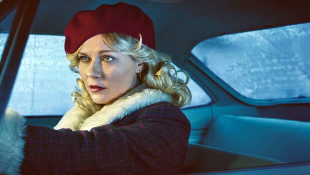 A woman wearing a red beret driving a car in a winter setting with Fargo Wallpapers, 2K Desktop Wallpaper