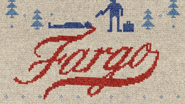 The image shows a Fargo design with a person standing and another figure lying down, HD Desktop Wallpaper