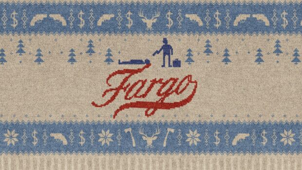A knitted pattern featuring Fargo with characters and symbolic icons, HD Desktop Wallpaper