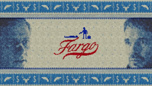 The image shows Fargo with two characters and patterned knit borders, HD Desktop Wallpaper