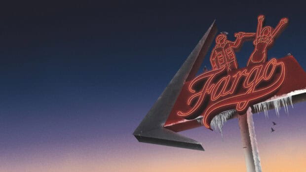 A glowing Fargo sign with iced edges stands against a colorful evening sky in Fargo Wallpapers, HD Desktop Wallpaper