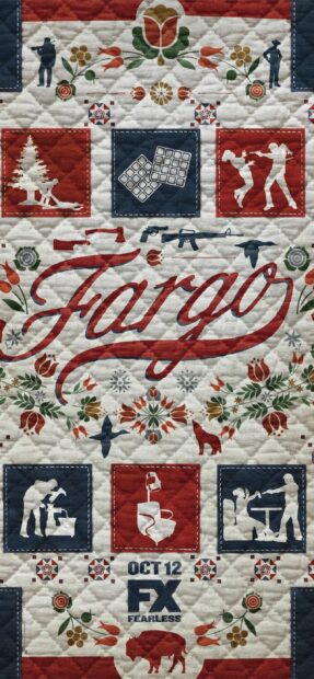 The Fargo quilt design features various symbolic images and patterns representing the show Fargo, 2K Phone Wallpaper