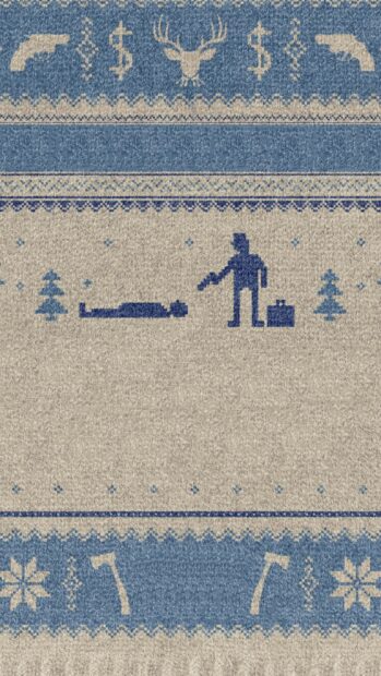 The Fargo wallpaper features a knit design with a man pointing a gun at a body with symbols, 2K Mobile Wallpaper