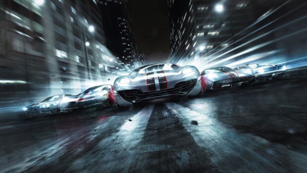 A group of fast cars racing through a city street at night in a racing game, HD Desktop Wallpaper