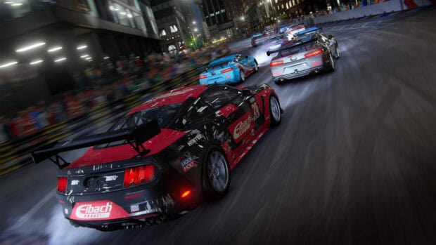A group of racing cars speeding through a city street during a night race, 4K Desktop Wallpaper