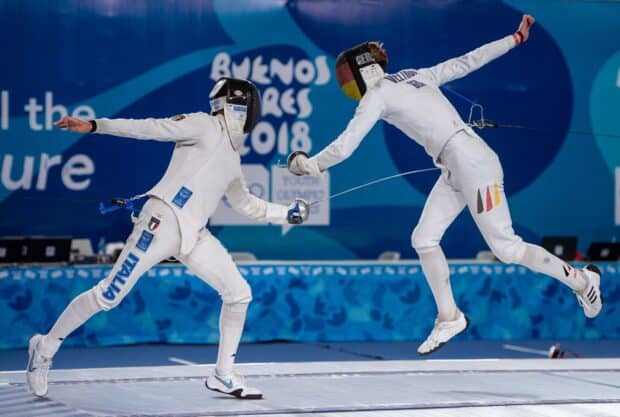 Two fencers compete in a match at the Buenos Aires 2018 Youth Olympic Games, HD Desktop Wallpaper