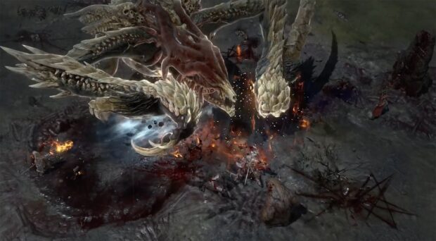 A fierce dragon attacks a group of warriors in a dark battle scene from Diablo Iv, HD Desktop Wallpaper