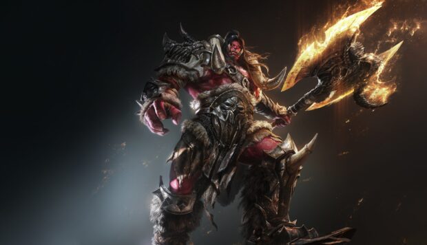 A fierce orc warrior with red skin holds a blazing axe ready for battle, HD Desktop Wallpaper