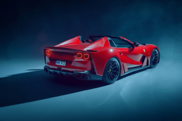 A red Ferrari 812 Gts sports car is shown from the rear in dramatic lighting, 2K Desktop Wallpaper
