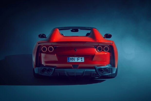 A red Ferrari 812 Gts is captured from the rear with detailed tail lights and exhaust, 2K Desktop Wallpaper
