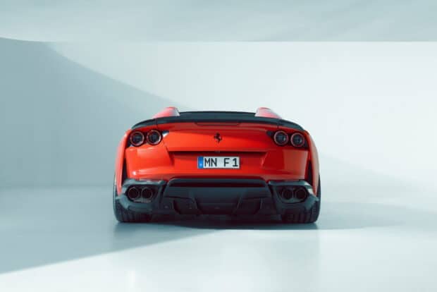 A bright red Ferrari 812 Gts is shown from the rear in a minimalist white studio, HD Desktop Wallpaper