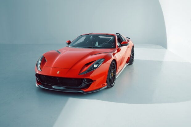 A red Ferrari 812 Gts is parked in a bright minimalistic studio, HD Desktop Wallpaper
