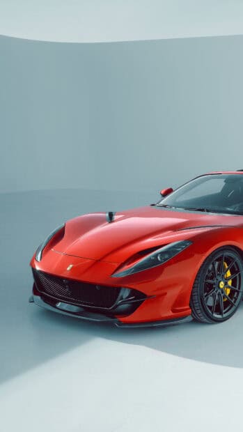 A red Ferrari 812 Gts is parked in a minimalist studio with soft lighting, 4K Phone Wallpaper