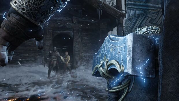 A warrior holds the charged Leviathan Axe ready for battle in God of War Ragnarok, 4K Desktop Wallpaper