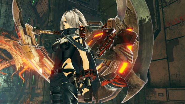 A fierce God Eater character stands ready with a massive weapon in a futuristic battle setting, HD Desktop Wallpaper