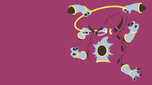 A fierce Hoopa character with blue skin and black claws is shown in a dynamic pose on a purple background, HD Desktop Wallpaper