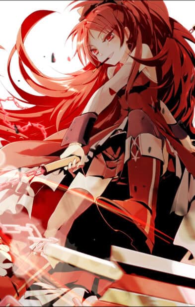 Kyoko Sakura wallpapers showing her confident pose with red outfit and weapon, HD Mobile Wallpaper