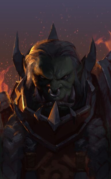 A fierce orc warrior with glowing eyes and battle armor stands against a fiery background, 2K Phone Wallpaper