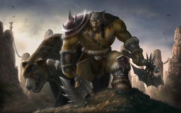A fierce orc warrior wields dual axes standing with a large bear in a rocky landscape, 2K Desktop Wallpaper