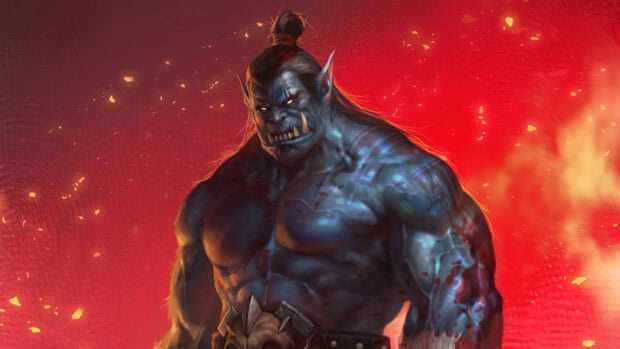 A fierce blue orc warrior with tribal tattoos stands ready against a fiery background, 2K Desktop Wallpaper